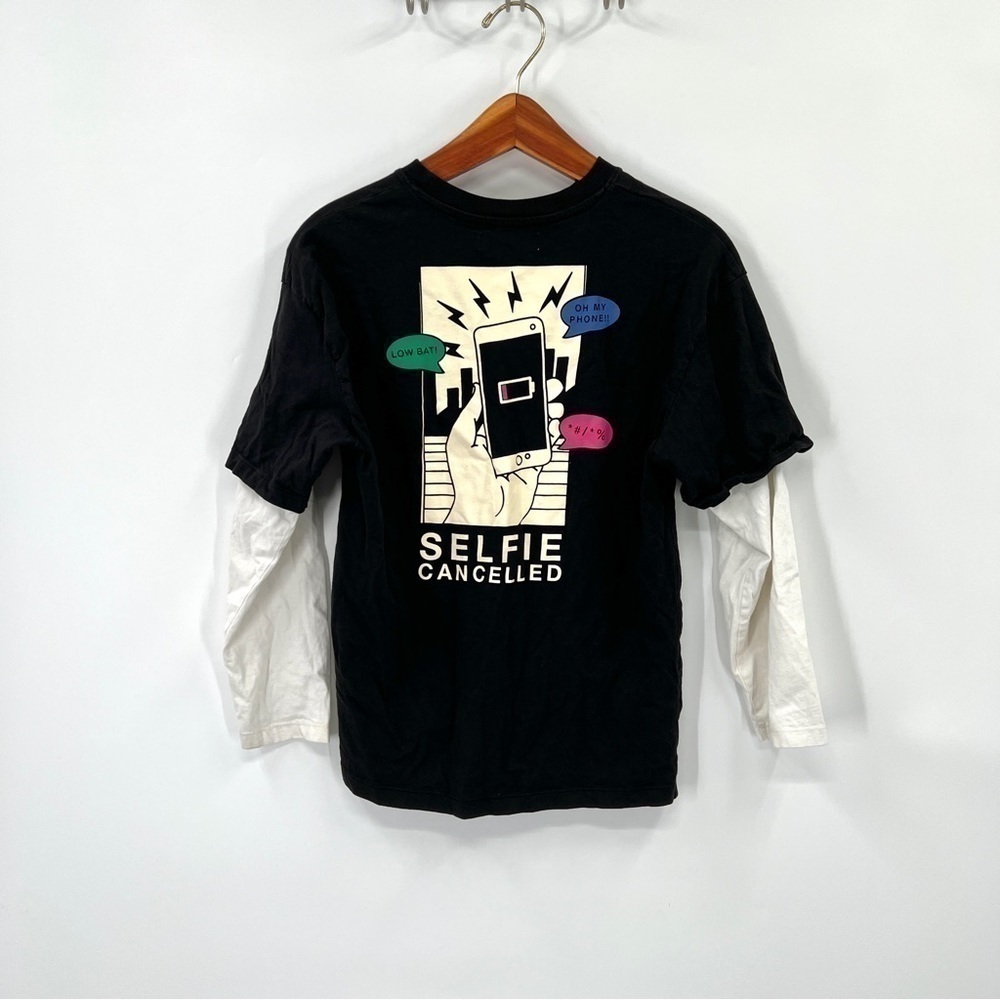 ZARA Boy's Black & White Long Sleeve Skater Selfie Graphic T-Shirt Size 11-12